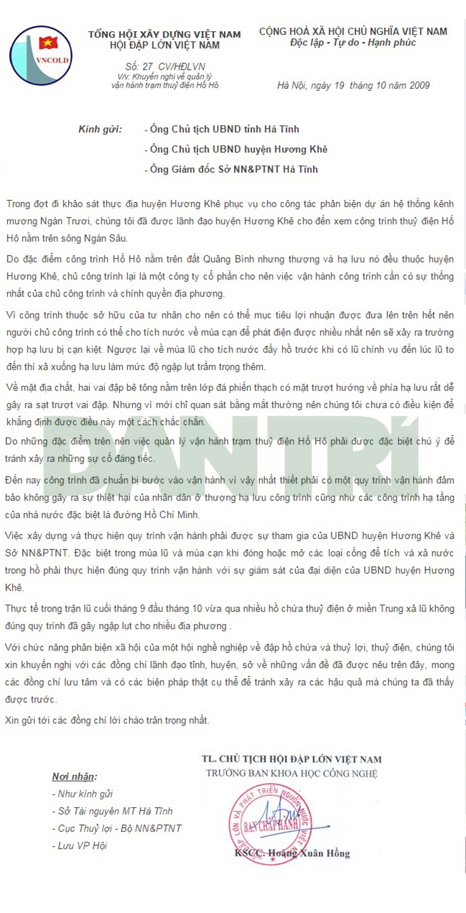 Thủy điện Hố Hô từng bị cảnh báo về công tác phối hợp xả lũ - 2 Công văn số 27CV/HĐLVN ngày 19/10/2009 của Hội đập lớn và Phát triển Nguồn nước Việt Nam gửi lãnh đạo tỉnh Hà Tĩnh.