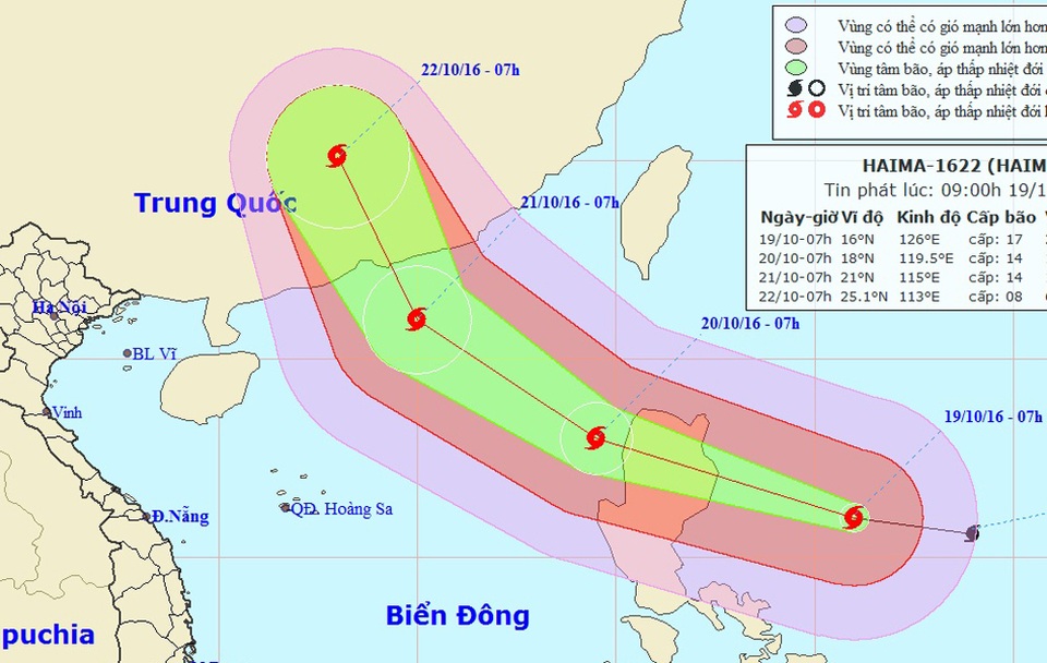 Siêu bão Haima hướng vào Biển Đông, bão Sarika tiến sát Quảng Ninh - 1 Vị trí và hướng di chuyển của siêu bão HAIMA (Ảnh: NCHMF).