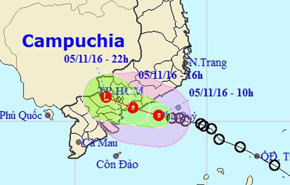 Chiều nay áp thấp nhiệt đới vào đất liền khu vực Đông Nam Bộ - 1 Vị trí và hướng di chuyển của áp thấp nhiệt đới (Ảnh: NCHMF).