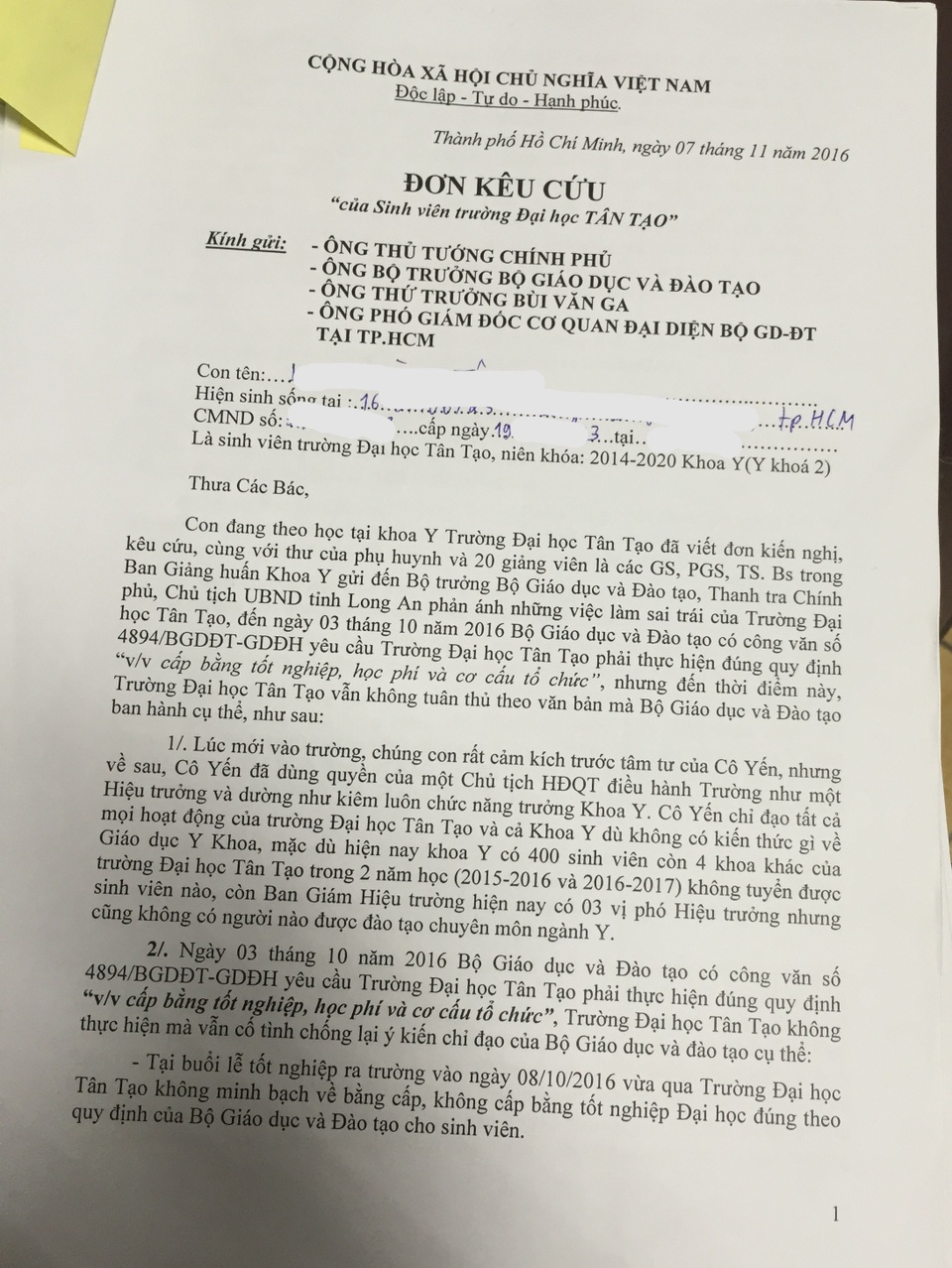 
Đơn kiêu cứu của một sinh viên khoa Y trường ĐH Tân Tạo gửi ngày 7/11/2016.
