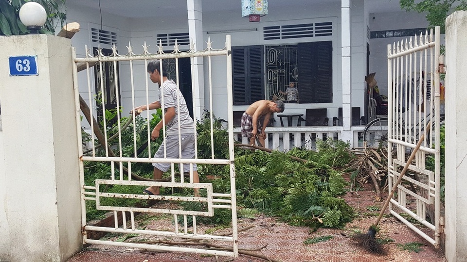 Cây đổ la liệt sau bão số 4, mưa ngập nhiều nơi - 5 Một gia đình đang chặt tỉa và dọn dẹp các cành phượng ngoài vỉa hè phố bị gãy rơi vào sân vườn