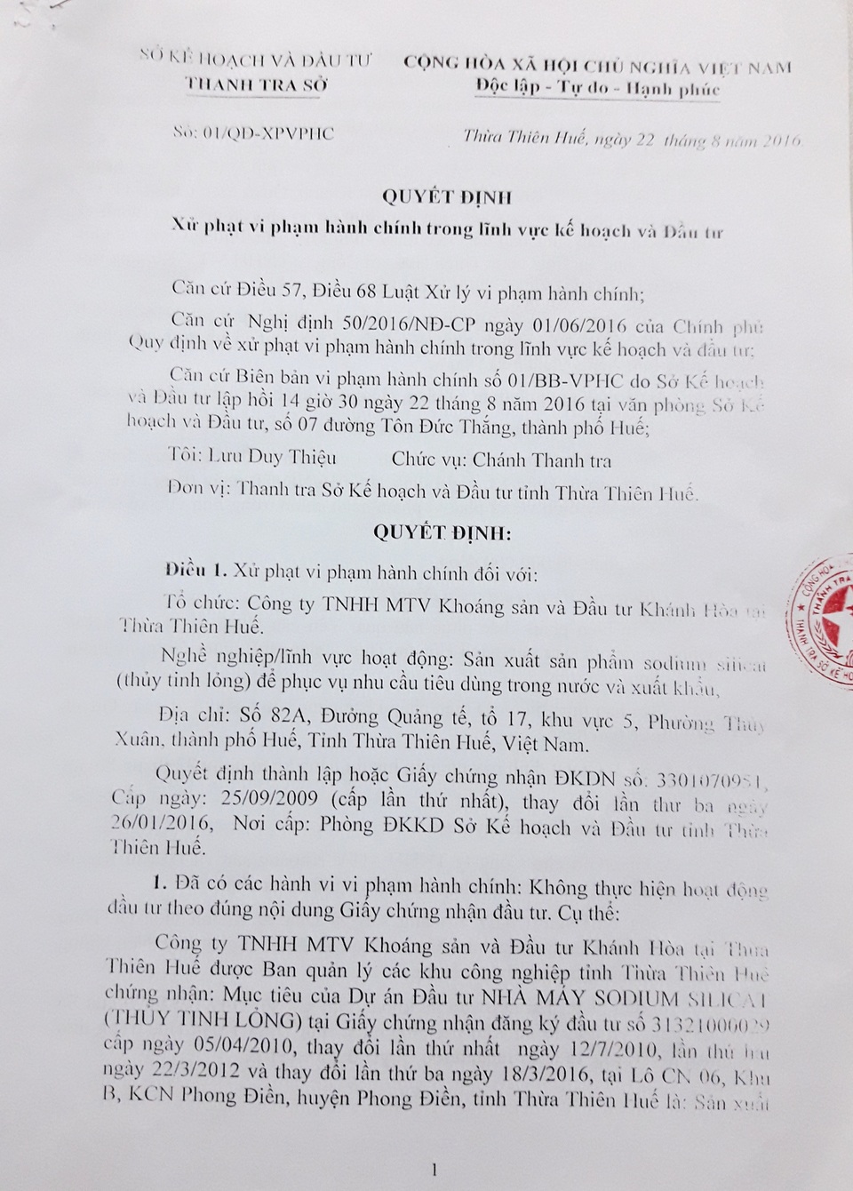 Quyết định của Thanh tra Sở Kế hoạch & Đầu tư xử phạt Khamihuco