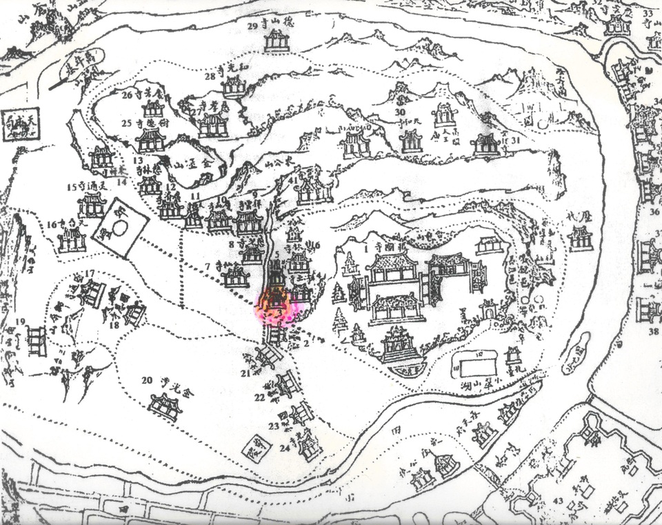 Chùa Thiền Lâm mang số 3 (chấm đỏ) trên bản đồ Hàm Long Sơn Chí nàm ở trung độ con đường từ bờ sông Lợi Nông lên đàn Nam Giao thuộc xã Phú Xuân (tức thuộc xã Dương Xuân cũ) chứ không phải xã An Cựu