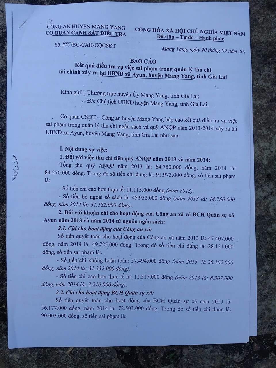 Kết quả điều tra của Công an huyện Mang Yang về sai phạm của ông Lộc và Kế toán xã