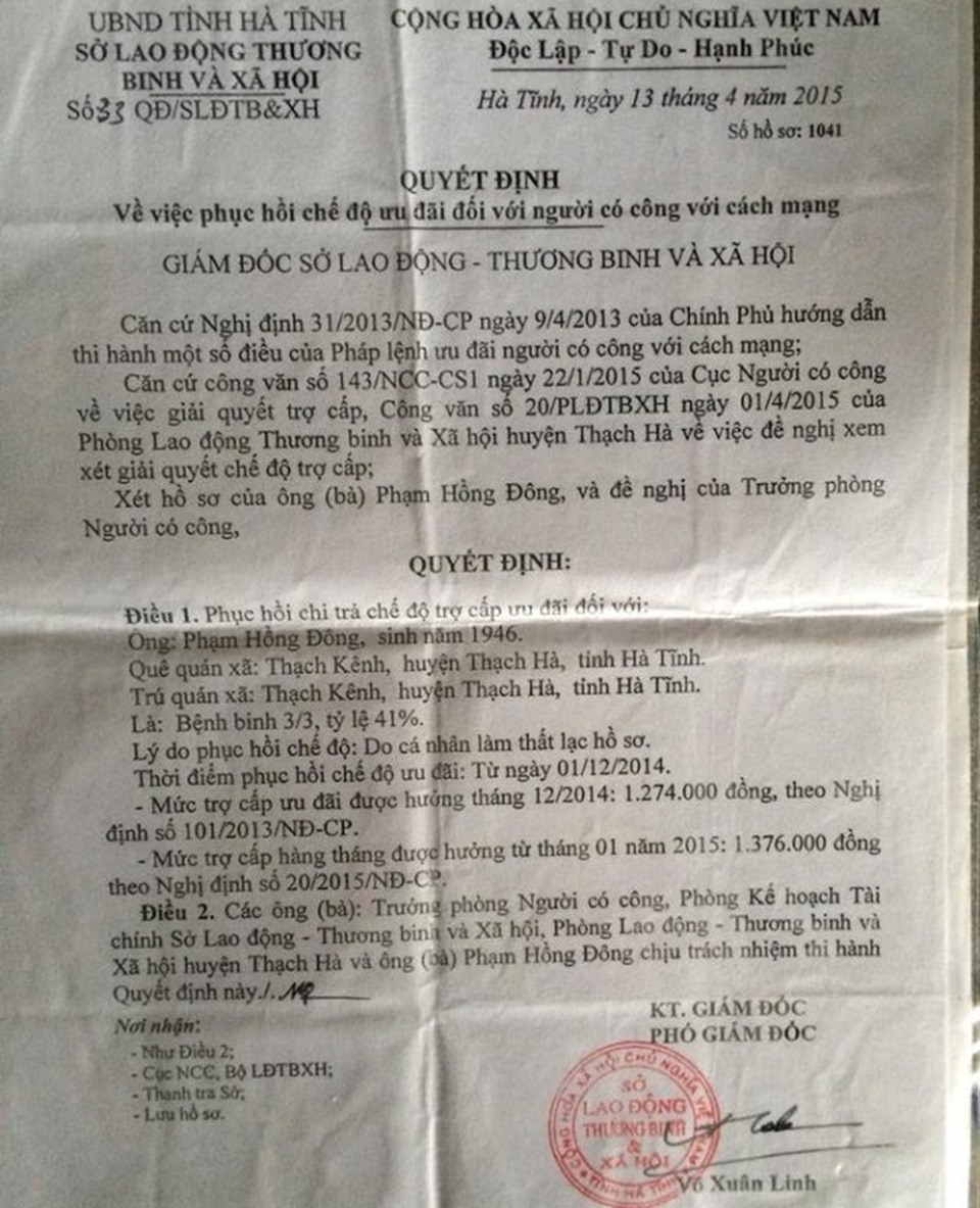 Hà Tĩnh: Bị cắt chế độ, một bệnh binh “kêu cứu”! - 2 Sau một thời gian dài đi đòi quyền lợi, ông đã được Sở LĐ-TB-XH ra quyết định phục hồi lại chế độ