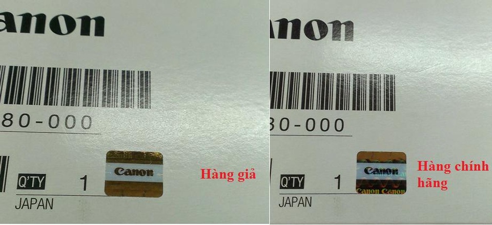 Mua hàng trôi nổi: lợi bất cập hại - 2 Tem chống hàng giả Canon là dạng tem phản chiếu đổi màu theo từng góc nhìn khác nhau (tem bảy màu). Khi thay đổi góc nhìn thì logo Canon chìm sẽ hiện lên và có các đường vân dạng hình Sin.