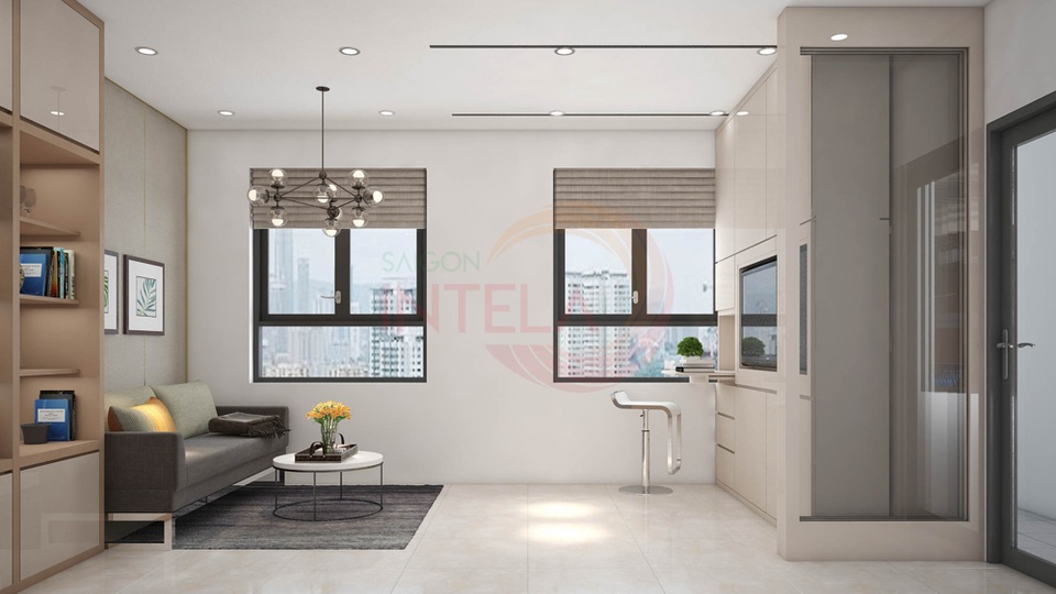 Hệ thống vách tường di động tạo sự linh hoạt cho không gian phòng khách và phòng ngủ thông minh của căn hộ Saigon Intela.