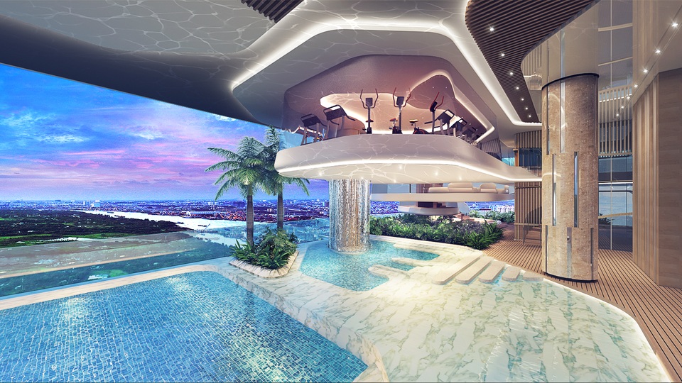 Hình phối cảnh. Với phòng tập gym “nổi” trên không, cư dân Q2 THAO DIEN có thể vừa luyện tập, vừa ngắm bức tranh toàn cảnh phía chân trời.