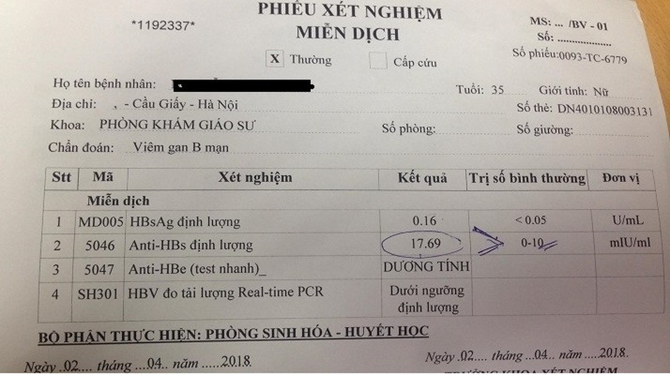 Kết quả tạo thành công kháng thể viêm gan B sau 3 năm quyết tâm cao độ điều trị với phác đồ đặc hiệu của PGS.TS Nguyễn Xuân Thanh của bệnh nhân Nguyễn Thị T.H.