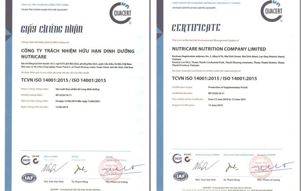 Nutricare - Doanh nghiệp bảo vệ môi trường đạt tiêu chuẩn quốc tế ISO 14001:2015 - 4 Chứng chỉ do đơn vị đánh giá QUACERT trực thuộc Bộ Khoa học và Công nghệ chứng nhận