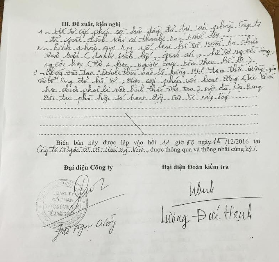 Dừng hoạt động lớp học “Đánh thức não giữa bằng NLP” - 2 Biên bản kiểm tra lớp học Đánh thức não giữa bằng NLP của Sở GD&ĐT