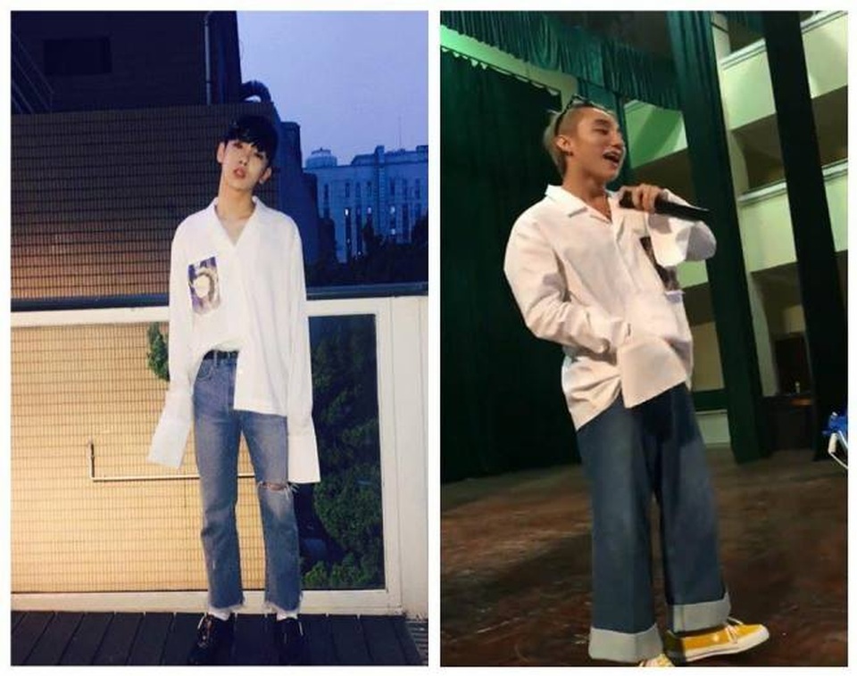 Sơn Tùng M-TP tự biến mình thành thảm họa thời trang khi “đụng” phong cách với một nam ca sĩ Hàn Quốc. Chiếc áo tay dài cá tính này là lựa chọn không phù hợp với những người cao dưới 1,7m như Sơn Tùng. Chiếc quần ống rộng cũng là điểm trừ lớn cho nam ca sĩ.