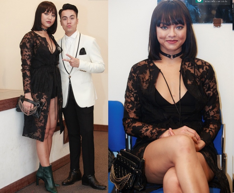 Mai Ngô diện trang phục quá rối mắt với nhiều chi tiết ren, dây nhợ, vòng cổ,… Thiết kế có phần “hở hang” này đã tố cáo vóc dáng kém thon cũng như những khuyết điểm về mặt hình thể của Mai Ngô.