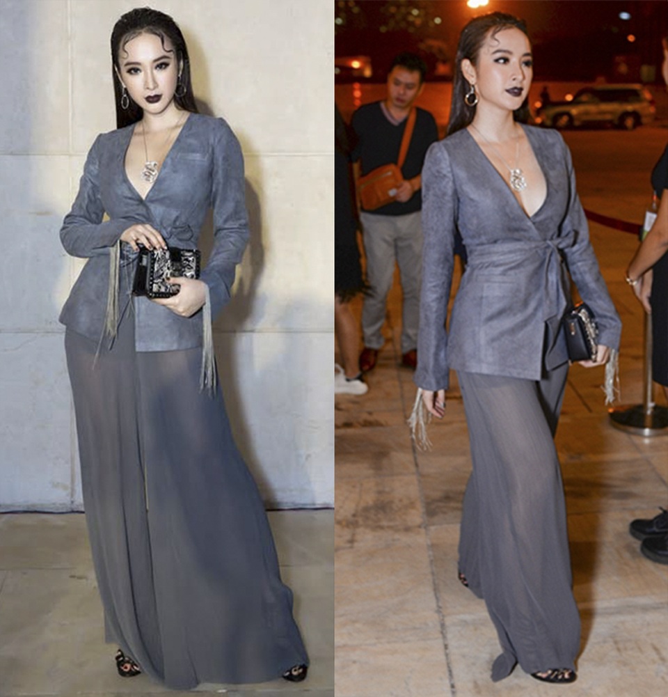 Kỳ Duyên, Nam Em vào sao đẹp; Hoa hậu Đỗ Mỹ Linh, Angela Phương Trinh phong độ thất thường - 14 Angela Phương Trinh mạnh tay chi tiền cho hàng hiệu, cụ thể là sợi dây chuyền 1,6 tỷ đồng nhưng dường như lại không mấy hiệu quả. Màu xám lông chuột “tối tăm”; kiểu áo giả vest tay dài, tua rua rối rắm kết hợp cùng quần voan mỏng tang quả không phải là một lựa chọn khôn ngoan.