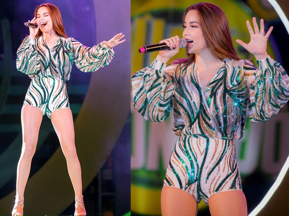 Hồ Quỳnh Hương, Hồ Ngọc Hà mặc đẹp nhất tuần; Đoan Trang rơi Top sao mặc xấu - 3 Hà Hồ thả dáng nuột nà trong thiết kế jumpsuit ánh kim lạ mắt. Bà mẹ một con khoe khéo đôi chân thon dài và nước da trắng, gợi cảm nhưng vẫn rất chừng mực.