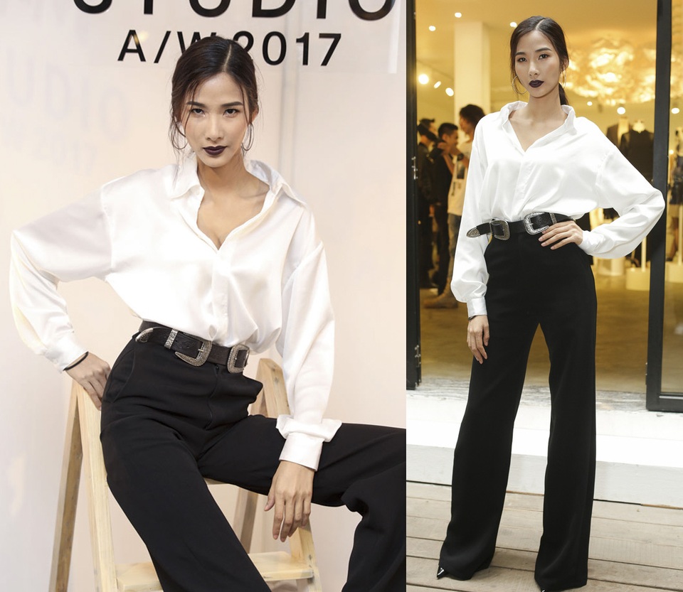 Hoàng Thuỳ - Minh Tú – Lan Khuê dẫn đầu sao mặc đẹp; Lâm Chi Khanh "hở bạo" vẫn kém duyên - 4 Hoàng Thuỳ lập “cú đúp” khi xuất hiện ấn tượng trong buổi ra mắt một thương hiệu quốc tế tại Việt Nam. Người đẹp diện sơ mi trắng cùng quần cạp cao, đơn giản nhưng vô cùng thu hút. Cách làm tóc, trang điểm có phần “hoang dại” cũng là điểm cộng lớn cho người đẹp tuần này.