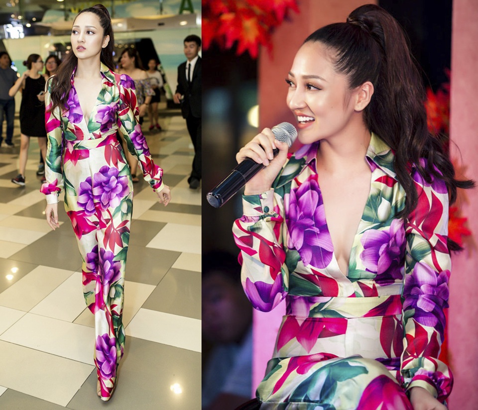 Bảo Anh, Minh Tú mặc đẹp nhất tuần; Đông Nhi lọt top sao mặc xấu - 1 Bảo Anh trở thành tâm điểm trong một sự kiện lớn nhờ bộ jumpsuit hoa nổi bật, khoe vòng 1 đầy đặn bằng phần cổ xẻ sâu. Nữ ca sĩ trang điểm nhạt, làm tóc gọn gàng, vừa để tôn lên đường nét tự nhiên của khuôn mặt vừa tiết chế để tổng thể không quá rườm rà.