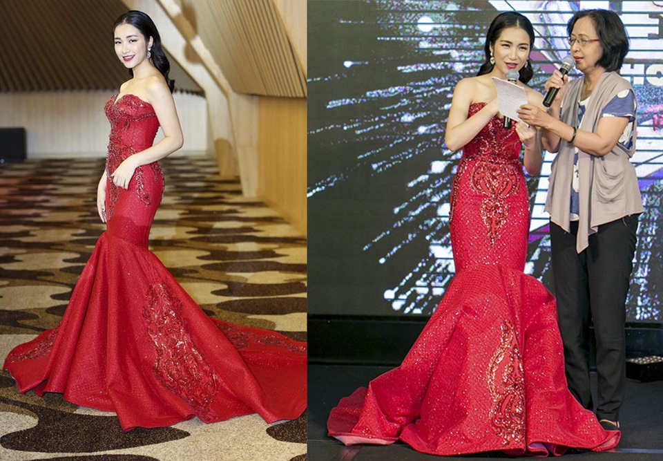 Sau chiếc váy thảm họa hồi 2 tuần trước, Hòa Minzy tiếp tục khiến khán giả “phát hoảng” vì một thiết kế đuôi cá đỏ rực, với màu sắc và kiểu dáng na ná. Lẽ dĩ nhiên, chiếc đầm này cũng dìm dáng, nhăn nhúm và nặng nề y chang.