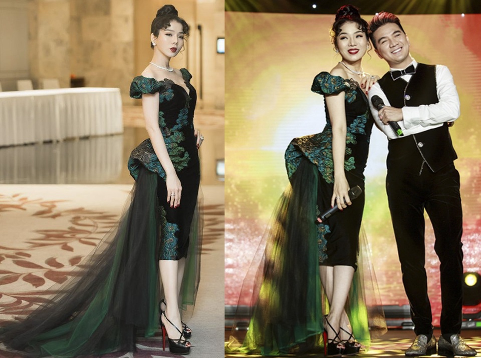 Hoàng Thùy ấn tượng với màn phối đồ 15 phút, Hà Hồ, Lệ Quyên cùng lọt top sao mặc xấu - 7 Cũng trong chính sự kiện này, Lệ Quyên khiến khán giả thất vọng vì phong độ lên xuống thất thường. Cô xuất hiện trên sân khấu với bộ đầm nhung low-high già nua, phần đuôi xếp lớp nặng nề, sến sẩm.