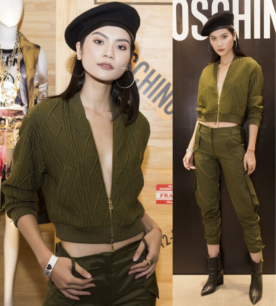 Kim Dung cá tính với mốt không nội y. Quán quân Vietnam’s next top model 2017 kết hợp croptop len với quần túi hộp hầm hố, khoe khéo thân hình mảnh mai và vòng eo con kiến.