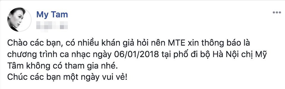 Mỹ Tâm hủy show vì “lép vế” so với Sơn Tùng M-TP trên poster? - 1 Thông tin trên trang cá nhân Mỹ Tâm thông báo về việc không tham gia show diễn ngày 6/1/2018