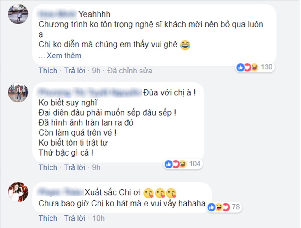 Mỹ Tâm hủy show vì “lép vế” so với Sơn Tùng M-TP trên poster? - 2 Người hâm mộ bày tỏ sự vui mừng vì Mỹ Tâm đã không diễn chương trình lần này. Nội dung trong các phản hồi đều nhắc đến việc Mỹ Tâm không được tôn trọng khi xếp trên poster.