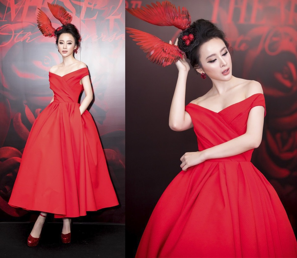 Angela Phương Trinh mặc đẹp nhất tuần; Á hậu Tú Anh hoá “thảm hoạ” thời trang - 1 Angela Phương Trinh nổi bật với đầm xòe bẹt vai màu đỏ rực, gắn thêm chi tiết “tổ chim” và đôi cánh lạ mắt trên tóc làm điểm nhấn. “Bà mẹ nhí” trang điểm cùng tông, màu môi nhạt nhưng vẫn tạo cảm giác vô cùng ấm áp.