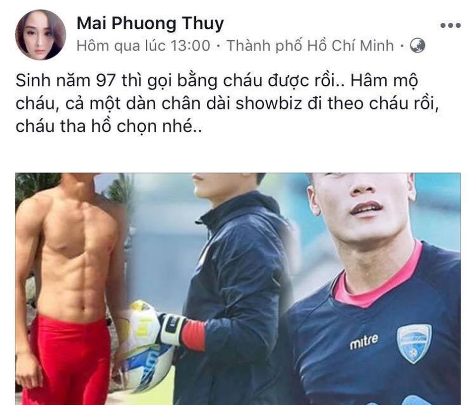 Mai Phương Thúy gây “sốc” khi bày tỏ khác lạ với thủ môn Bùi Tiến Dũng - 1 Lời chia sẻ thật lòng và hài hước của Mai Phương Thúy nhanh chóng thu hút rất nhiều sự chú ý và khiến cư dân mạng ủng hộ vì hành động này của cô sẽ khiến cho những người đẹp khác “dè chừng” trước khi bày tỏ.
