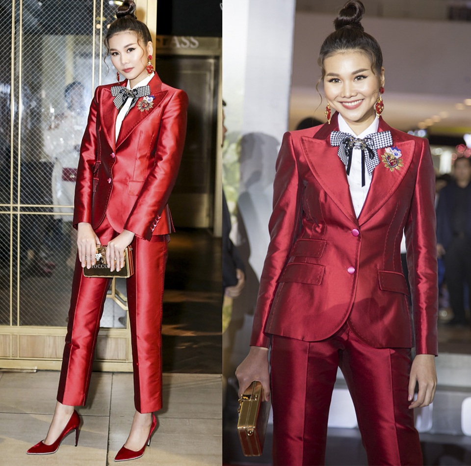 Hương Giang Idol mặc đẹp nhất tuần; H’Hen Niê tiếp tục lọt top sao mặc xấu - 2 Thanh Hằng tiếp tục đẹp “áp đảo” với phong cách menswear. Chân dài khéo léo kết hợp bộ suit đỏ với giày mũi nhọn và hoa tai đồng bộ. Cô búi tóc cao, để mái xoăn nhẹ, tạo cảm giác vừa mạnh mẽ mà cũng vừa nữ tính.