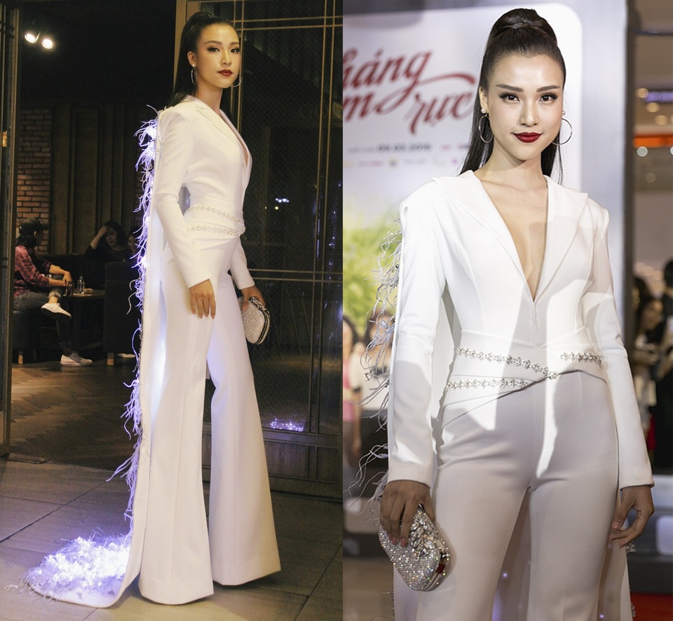 Hương Giang Idol mặc đẹp nhất tuần; H’Hen Niê tiếp tục lọt top sao mặc xấu - 5 Sau thời gian suy sụp hậu chia tay, Á hậu Hoàng Oanh lấy lại phong độ trong buổi công chiếu phim Việt Nam “Tháng năm rực rỡ”. Người đẹp chọn bộ cánh không nội y táo bạo, kết hợp cùng phần tà đính kết lông vũ theo trào lưu phát sáng độc đáo.