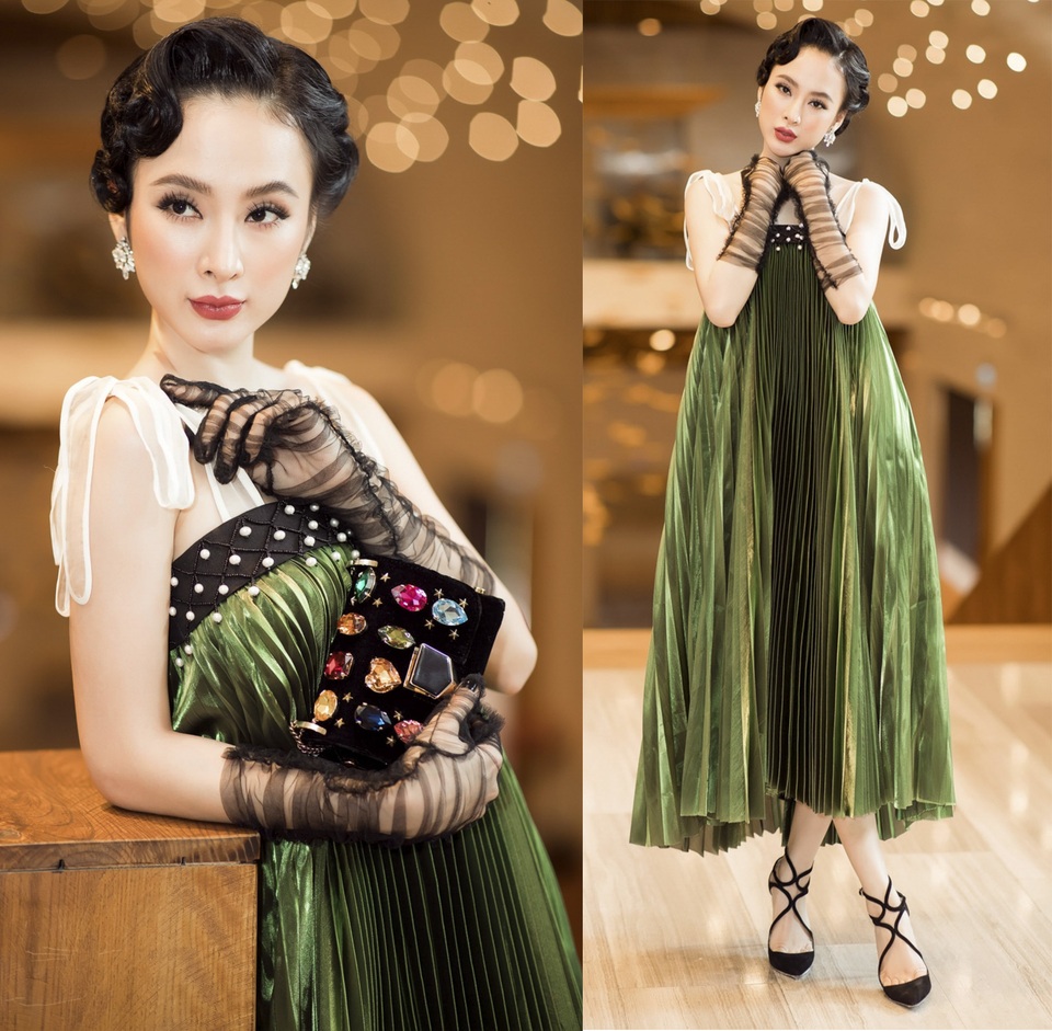 Hà Hồ, Hương Giang mặc đẹp nhất tuần; Angela Phương Trinh lọt top sao mặc xấu - 7 Angela Phương Trinh cũng có một “tai nạn” để đời tuần qua. “Bà mẹ nhí” khiến mọi người phát hoảng vì diện đầm thùng thình như đồ bầu, đi cùng bao tay xuyên thấu, tóc mái tôn chẳng ăn nhập vào đâu.