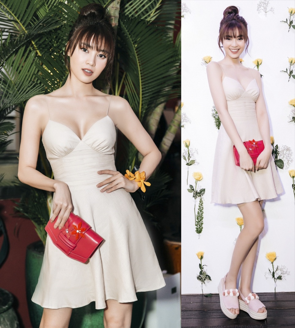Nhã Phương, Nam Em rạng rỡ giữa scandal, Tiêu Châu Như Quỳnh phản cảm với đồ xuyên thấu - 4 “Kỳ phùng địch thủ” của Angela Phương Trinh – Ninh Dương Lan Ngọc tuần qua lại chọn phong cách trẻ trung, nhí nhảnh. Nữ diễn viên diện bộ đầm 2 dây, kết hợp cùng dép bánh mì và búi tóc củ tỏi trông ngọt như kẹo.