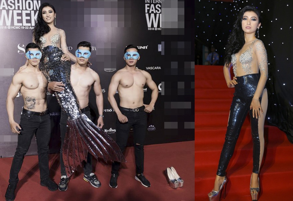 Hoàng Thuỳ đẹp nhất tuần; Thái Trinh diện trang phục lộ vòng 1 "xập xệ" lọt top sao xấu - 8 Tiêu Châu Như Quỳnh tiếp tục bị “ném đá” với hình ảnh nàng tiên cá hở hang, được dàn nam nhân cơ bắp đưa lên thảm đỏ. Khi tháo “đuôi” ra, bộ cánh cũng chẳng khá khẩm hơn khi chỉ sa đà vào khoe da thịt chứ không hề tôn dáng chút nào.