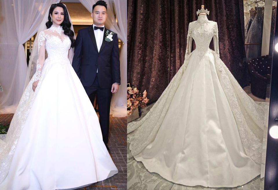 Kỳ Duyên hở bạo sau khi nâng ngực; Chi Pu diện trang phục già nua - 2 Cô dâu Diệp Lâm Anh ngọt ngào với váy cưới màu trắng tinh khôi. Người đẹp chọn thiết kế kín đáo với phần cổ ren mềm mại, được chiết eo, đuôi xòe đơn giản của NTK Anh Thư, kết hợp cùng hoa tai đá sang trọng.