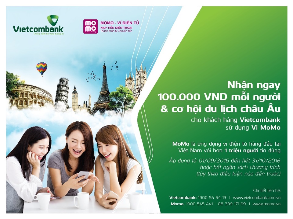20 tỷ đồng giải thưởng cho người dùng MoMo liên kết tài khoản Vietcombank - 1 Chủ thẻ VCB nhận ngay 100.000 đồng khi chia sẻ MoMo và có cơ hội du lịch Châu Âu miễn phí