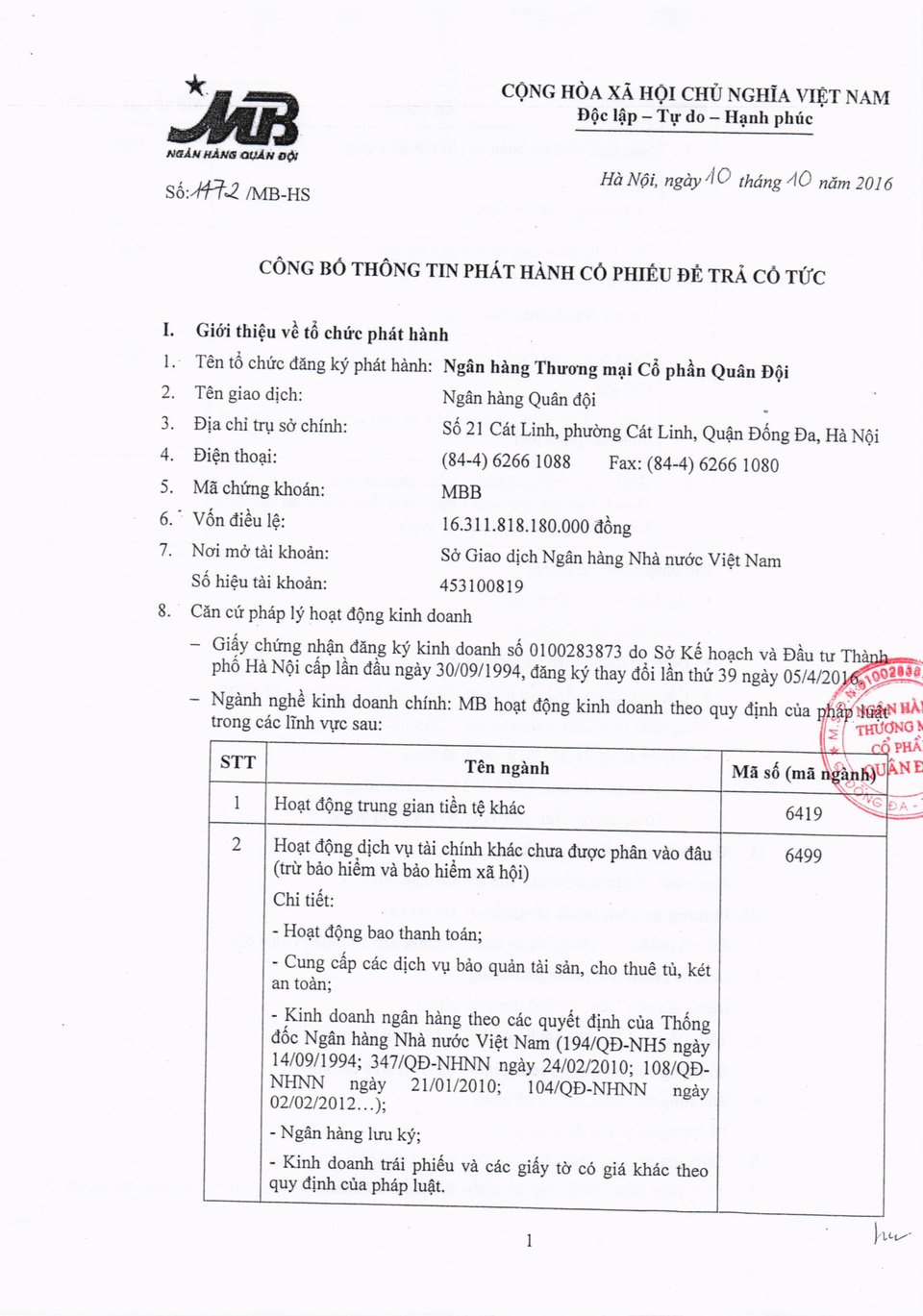 MB công bố thông tin phát hành cổ phiếu để trả cổ tức đợt 2/2015 - 1 MB công bố thông tin phát hành cổ phiếu để trả cổ tức đợt 2/2015 - 1