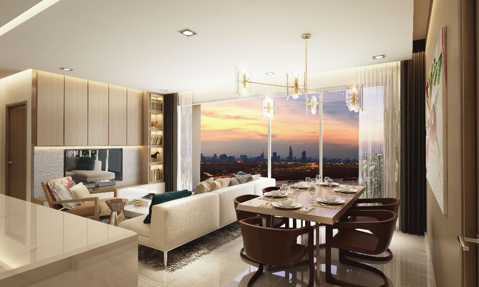 Phối cảnh phòng khách và phòng ăn tại Diamond Island