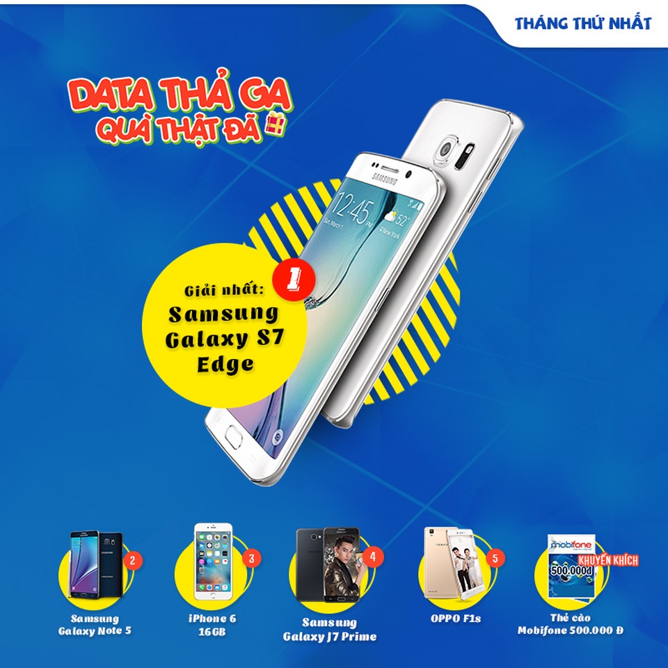 Từ 08/11/2016 đến hết 05/02/2017, khách hàng sử dụng gói Video Data sẽ có cơ hội trúng các giải thưởng hấp dẫn: 3 chiếc Samsung Galaxy S7 Edge cho 3 người đạt giải nhất hàng tháng, 3 Samsung Galaxy Note 5 cho 3 người đạt giải Nhì, điện thoại iPhone 6 16GB, Samsung Galaxy Tab A6, Sony Xperia XA…. cùng vô vàn thẻ cào MobiFone mệnh giá cao hấp dẫn