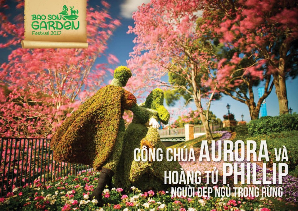 Mãn nhãn với thế giới Disney được phù phép từ cây và hoa - 1 Tạo hình công chúa Aurora và hoàng tử Phillip được trưng bày bên đường hoa anh đào dài 60m tại Công viên