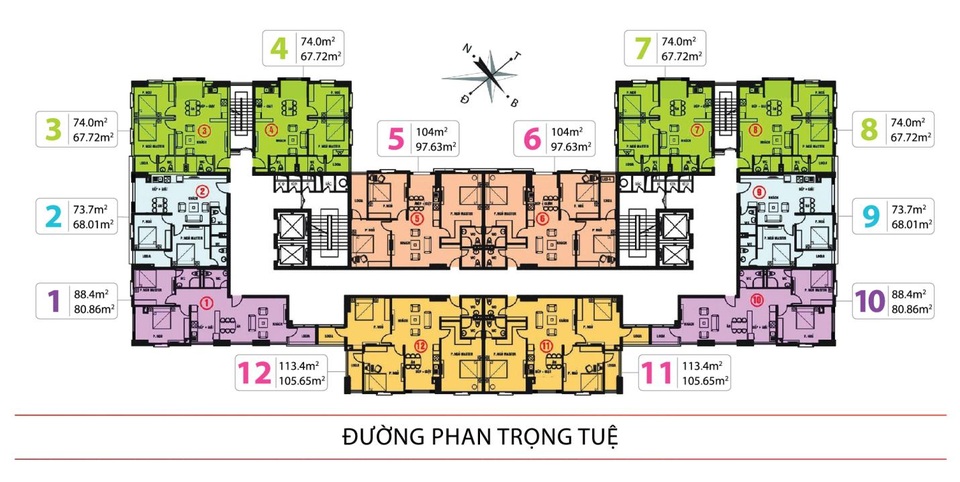 Cận cảnh căn hộ 74m2 có giá 1,2 tỷ đồng với nội thất đẹp long lanh cho cặp vợ chồng trẻ - 2 Sơ đồ căn hộ - 8 căn góc 2 mặt thoáng trên 12 căn