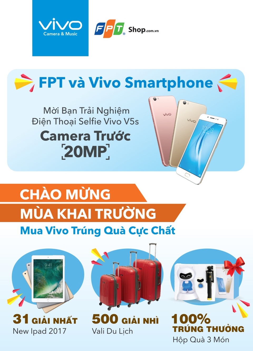 Khám phá “cơn lốc” quà tặng hấp dẫn khi mua Vivo tại FPT shop - 2 Chương trình rút thăm may mắn áp dụng cho tất cả Khách hàng mua điện thoại Vivo tại FPT Shop