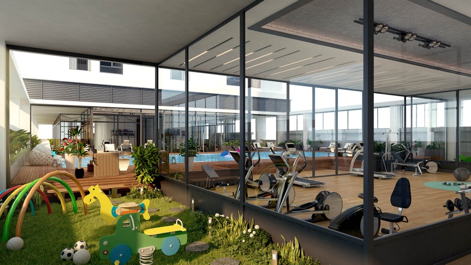 Khu vui chơi trẻ em ngoài trời cùng phòng gym là những tiện ích khép kín dành cho cư dân