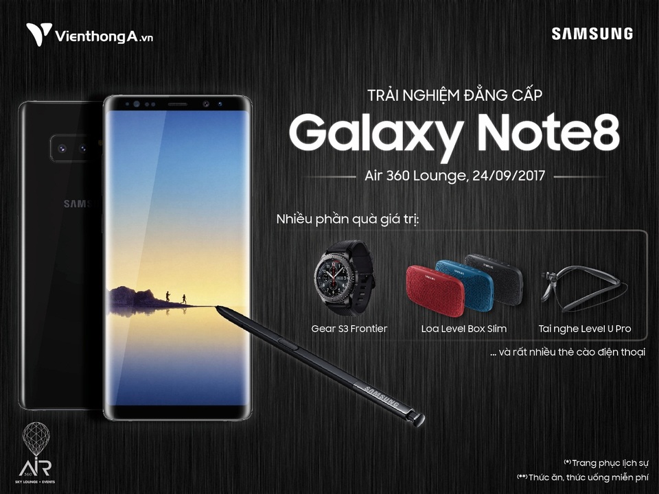 Viễn thông A tặng quà trị giá 3 triệu đồng khi đặt cọc Note 8 - 3 Trải nghiệm Note 8 nhận quà hấp dẫn vào ngày 24/09/2017 tại Air 360 Sky Lounge cùng Viễn Thông A