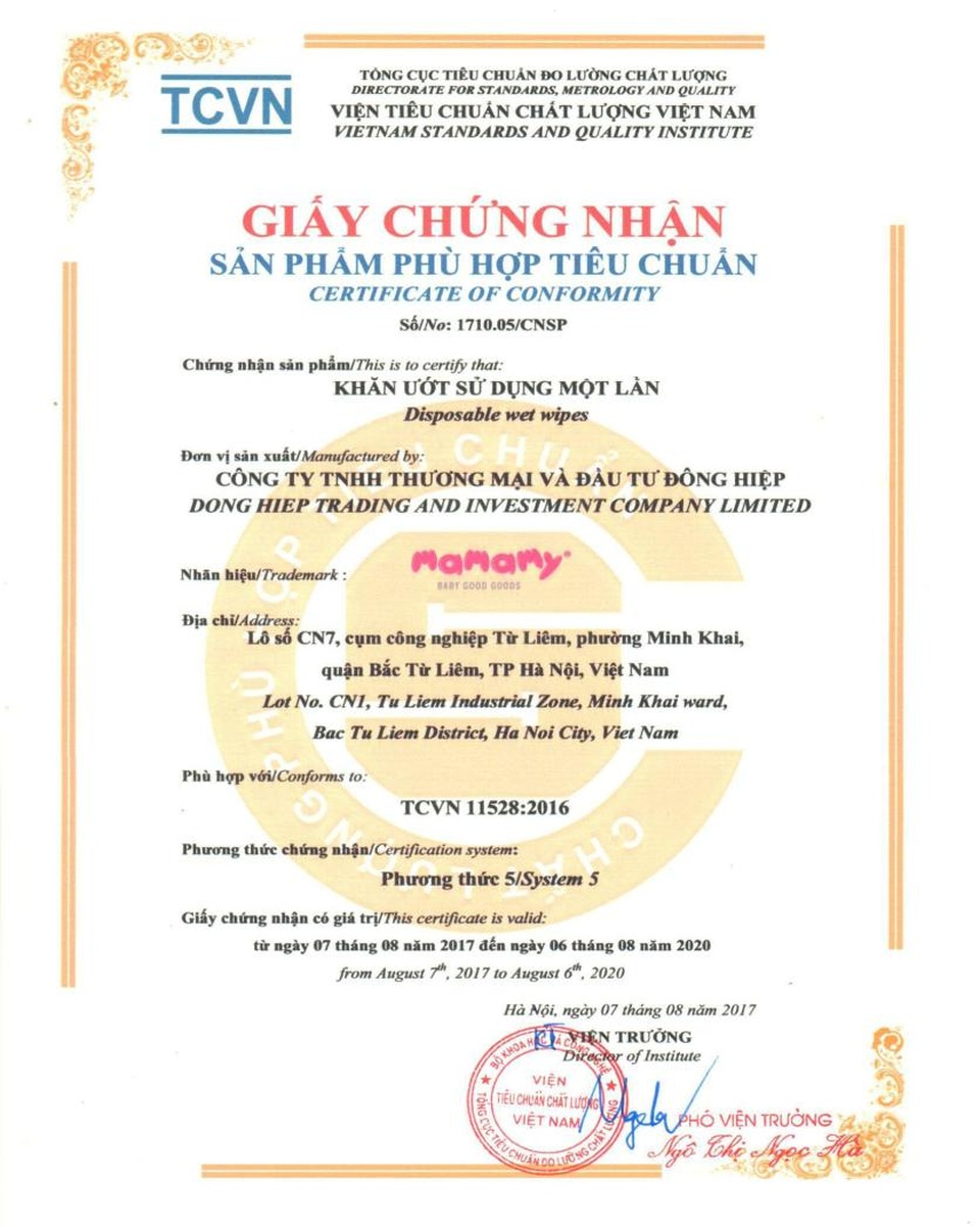Mamamy - Khăn ướt hàng đầu trong lựa chọn của người tiêu dùng, 100% an toàn - 2 Giấy chứng nhận sản phẩm phù hợp tiêu chuẩn quốc gia TCVN 11528:2016