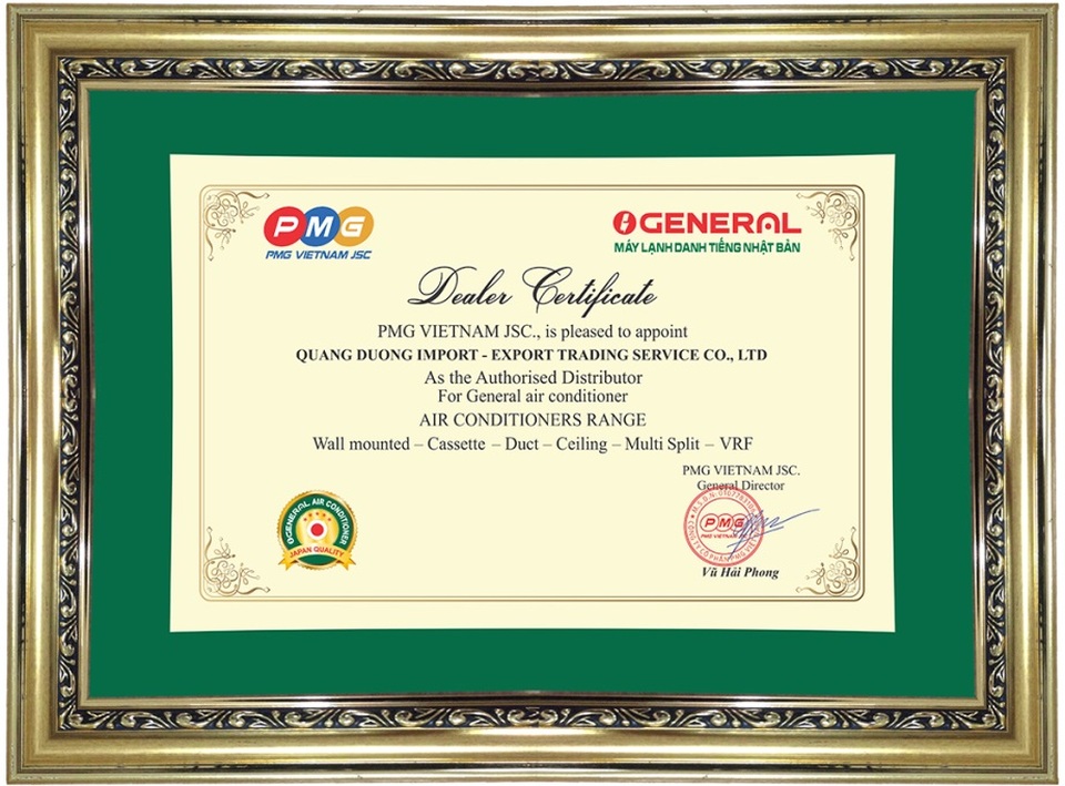 Máy lạnh danh tiếng Nhật Bản General giới thiệu nhà phân phối ủy quyền tại khu vực miền Nam - 3 Bằng chứng nhận nhà phân phối ủy quyền từ General Việt Nam