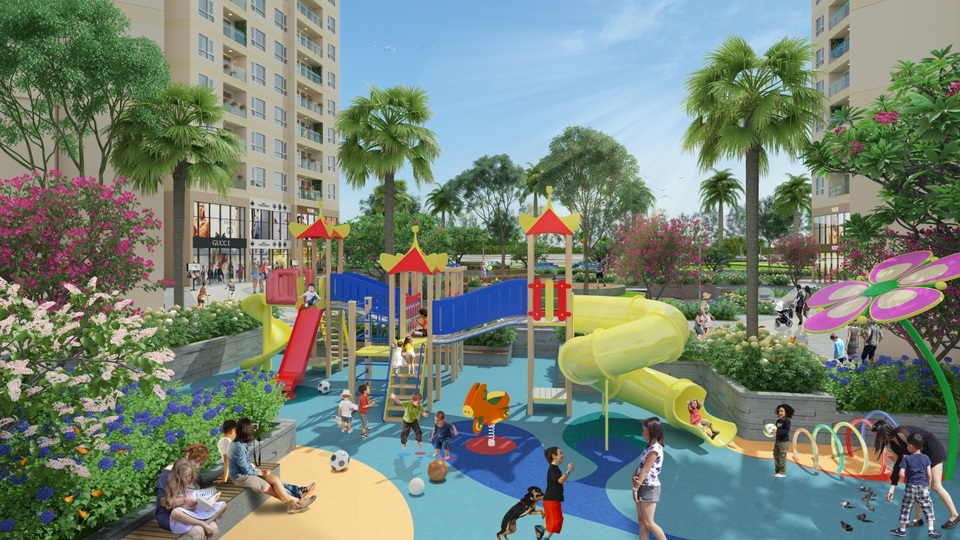 Khu vui chơi trẻ em được bố trí ngay trong khuôn viên dưới tòa nhà để các con vừa có thể vui chơi vừa tận hưởng không khí trong lành