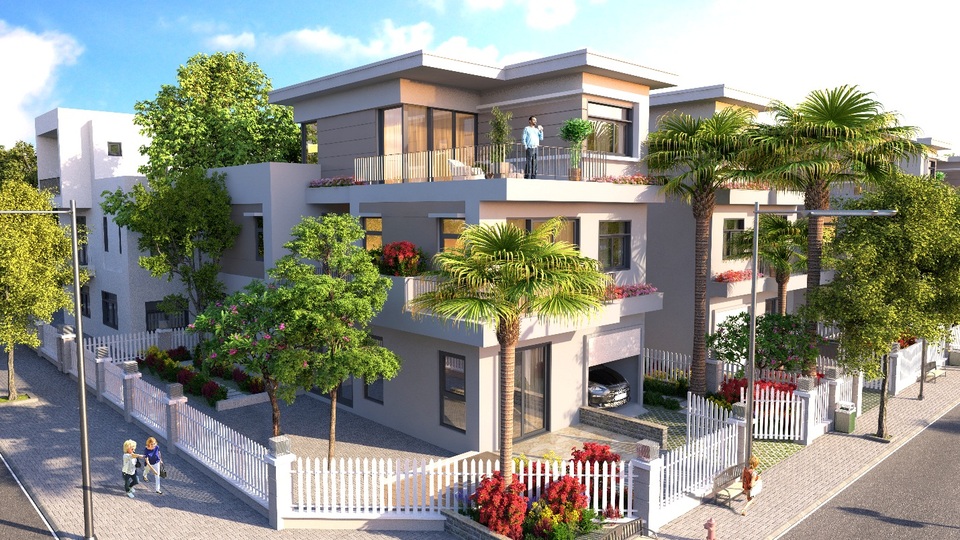 Ban công lộng gió với những dãy nhà được bao bọc bởi mảng xanh mát lành