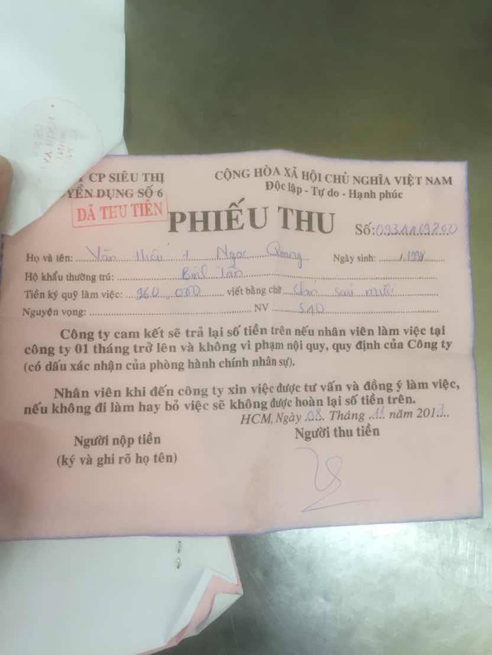 Bách hóa Xanh: Tuyển dụng không mất phí nhưng nhiều người vẫn sập bẫy cò - 2 Biên lai thu tiền của Hiếu và Quang