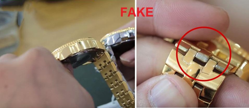 4 mẹo phân biệt đồng hồ thật - giả được chuyên gia mách nước - 3 Dây kim loại đồng hồ Giả lỏng lẻo, không mịn, màu mạ không đều và nhẹ