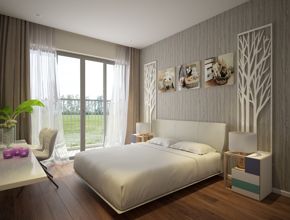 Mua Xuân Mai Riverside, nhận ngay nhà về ở vẫn được hưởng lãi suất 0% trong 12 tháng. - 4 Ảnh minh họa nội thất phòng ngủ: sàn gỗ, trần thạch sao,đèn led, và các đầu chờ